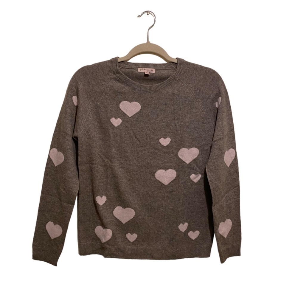 Philosophy 100% cashmere hearts gray/ taupe sweater. Size Small. New.